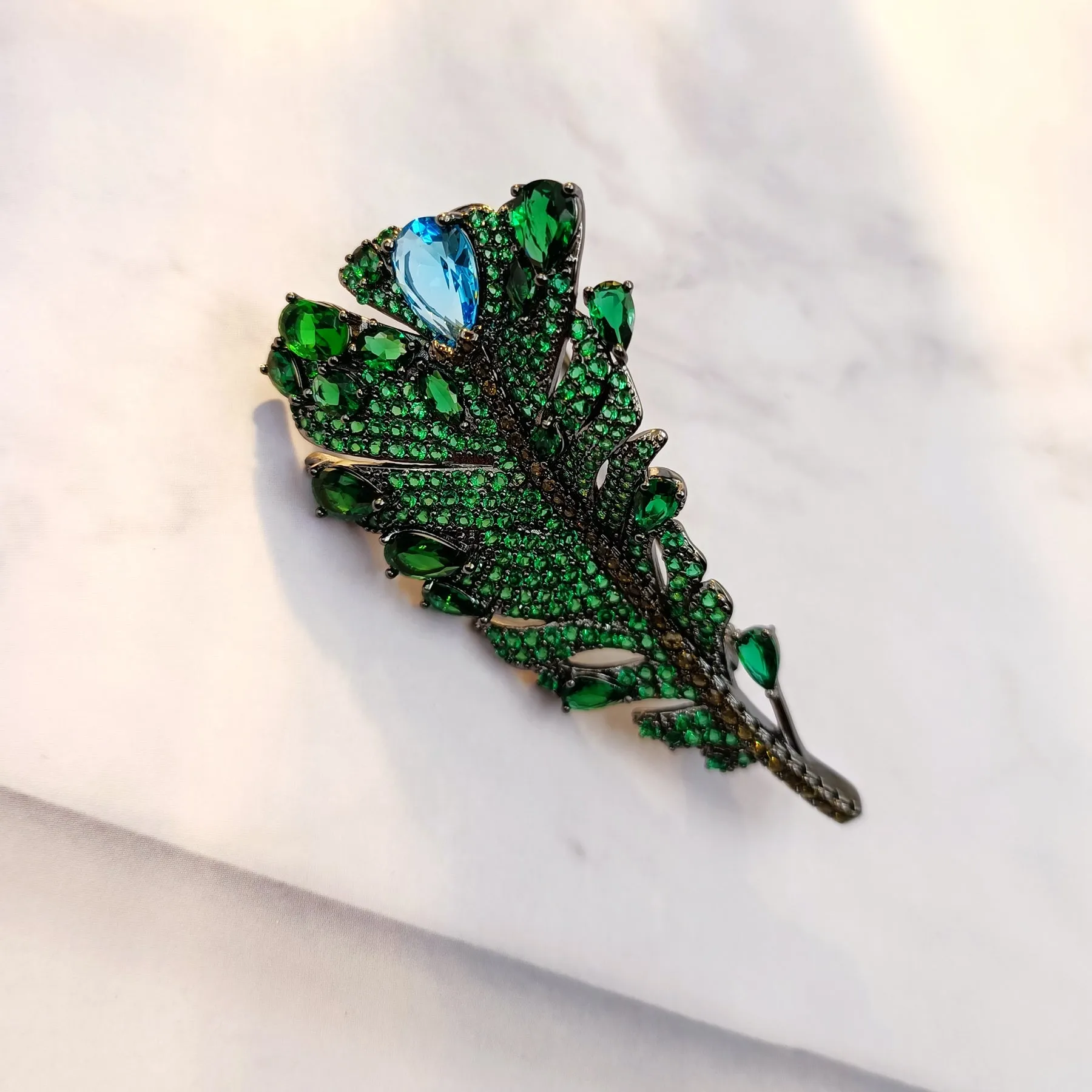 Jewelblings Art Vintage Pear Stone Accent Green Feather Brooches and Pins