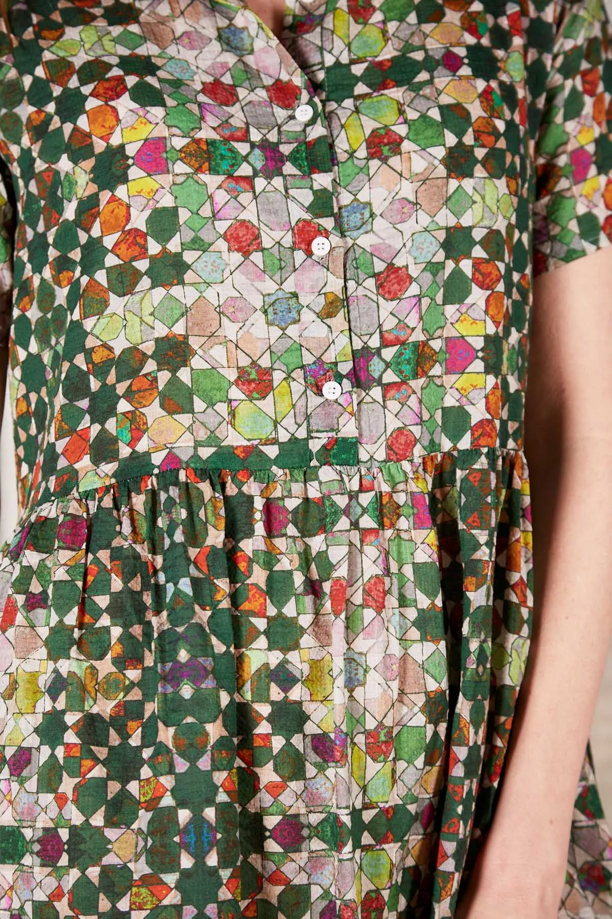 Kaleidoscope Villa Dress Green in Cotton Voile