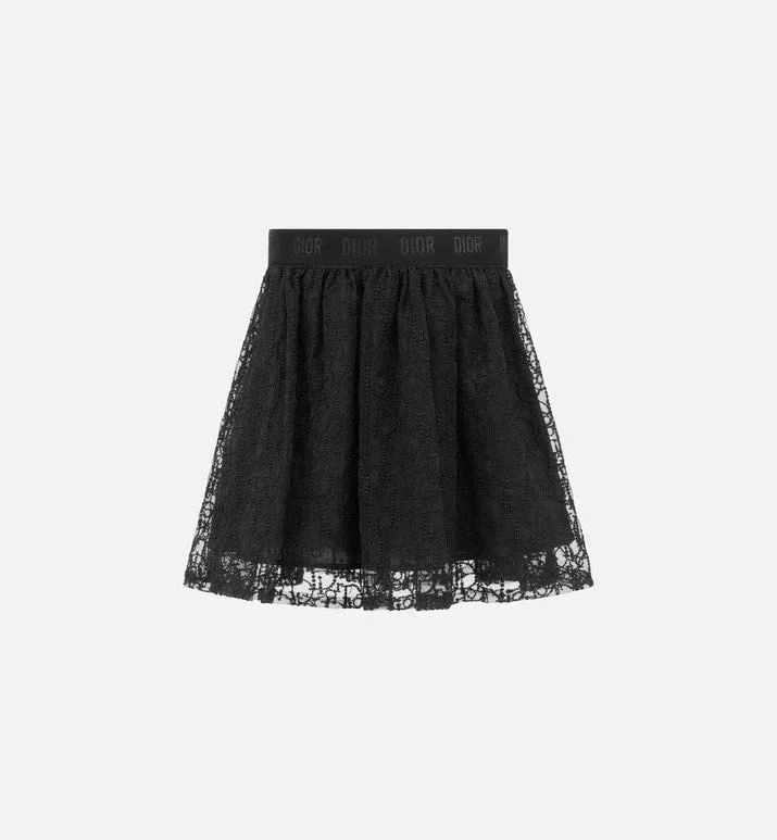 Kid's Flared Skirt • Black Embroidered Tulle with Dior Oblique Pearl Motif