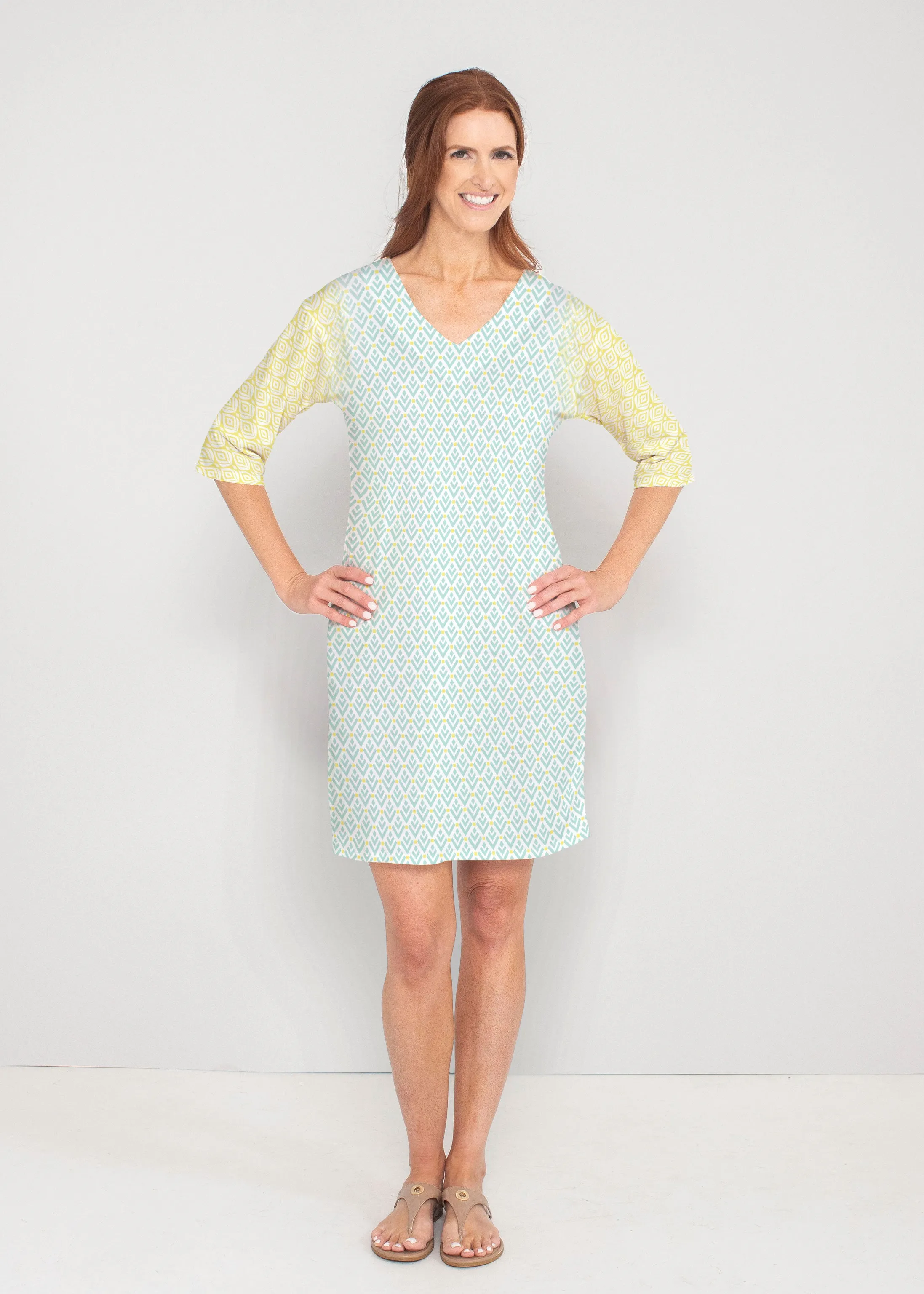 Lemon Drop (13575) ~ Drop Shoulder 3/4 Sleeve V-Neck Dress