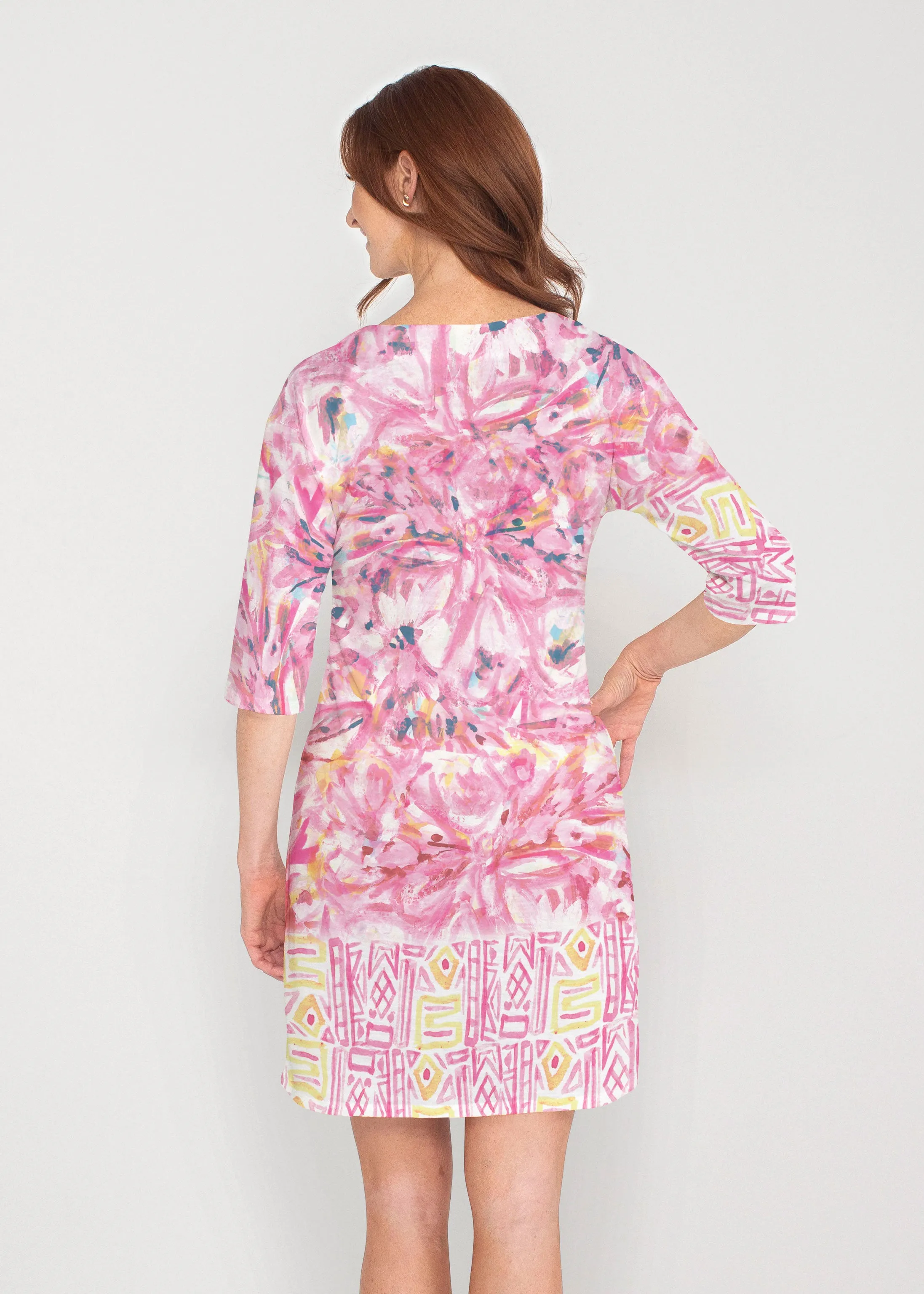 Lilly Pink (17250) ~ Drop Shoulder 3/4 Sleeve V-Neck Dress
