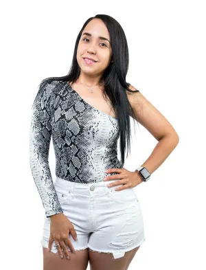 Long Sleeve Bodysuit One Shoulder Snakeskin