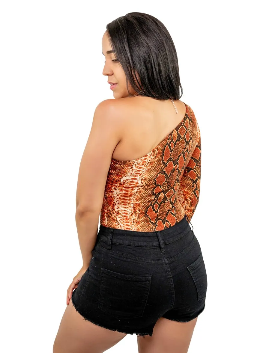 Long Sleeve Bodysuit One Shoulder Snakeskin