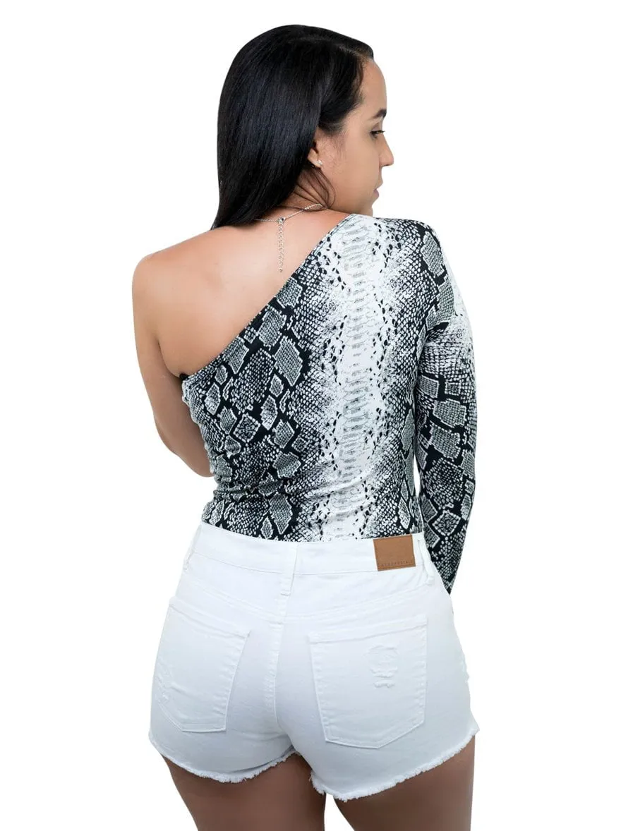 Long Sleeve Bodysuit One Shoulder Snakeskin