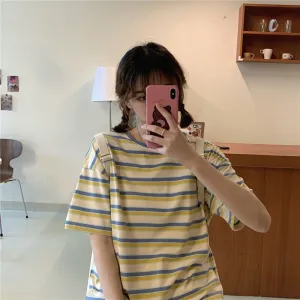 Loose Vintage Colorful Striped T-shirts