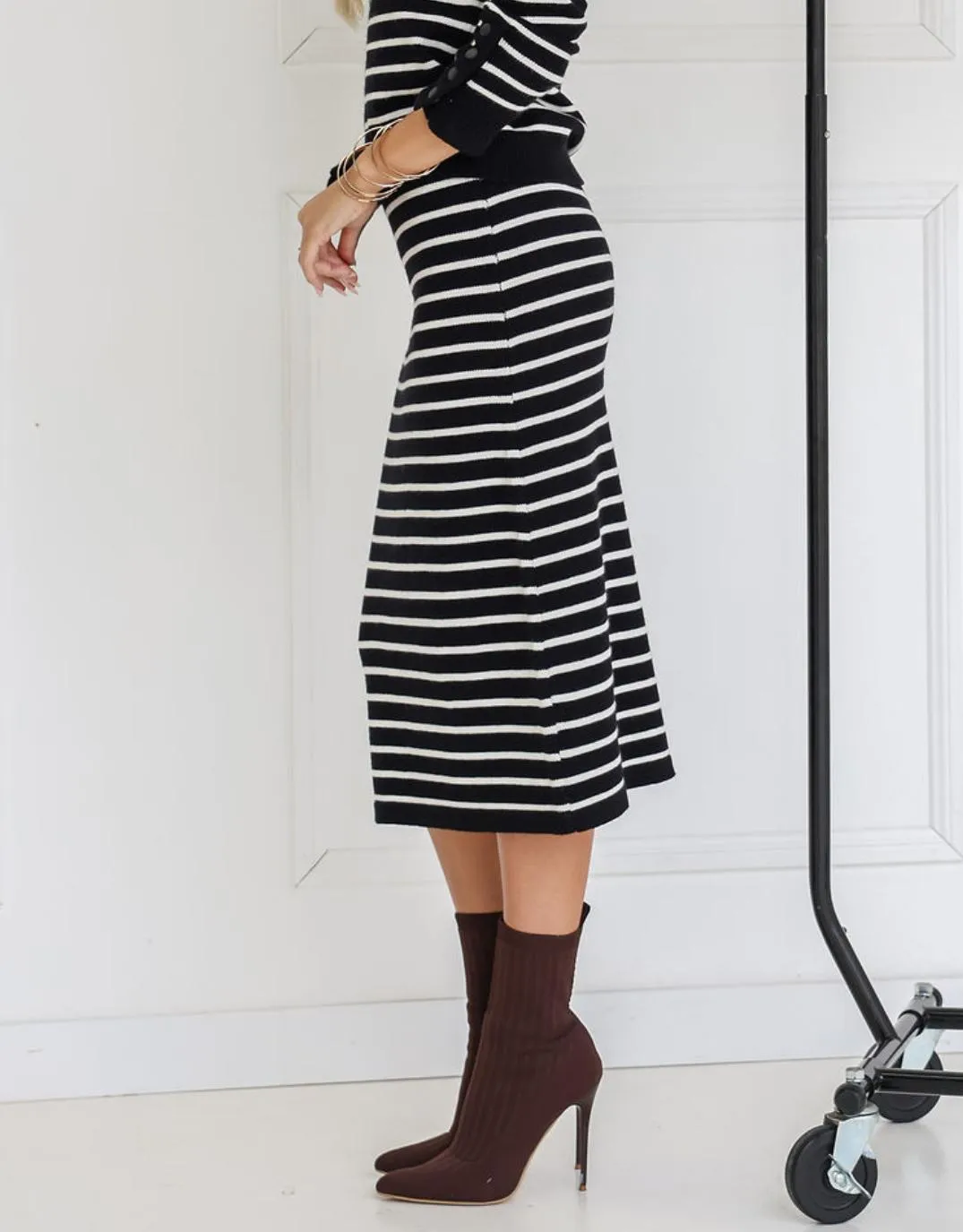 Mari Knit Midi Skirt - Black/White Stripe