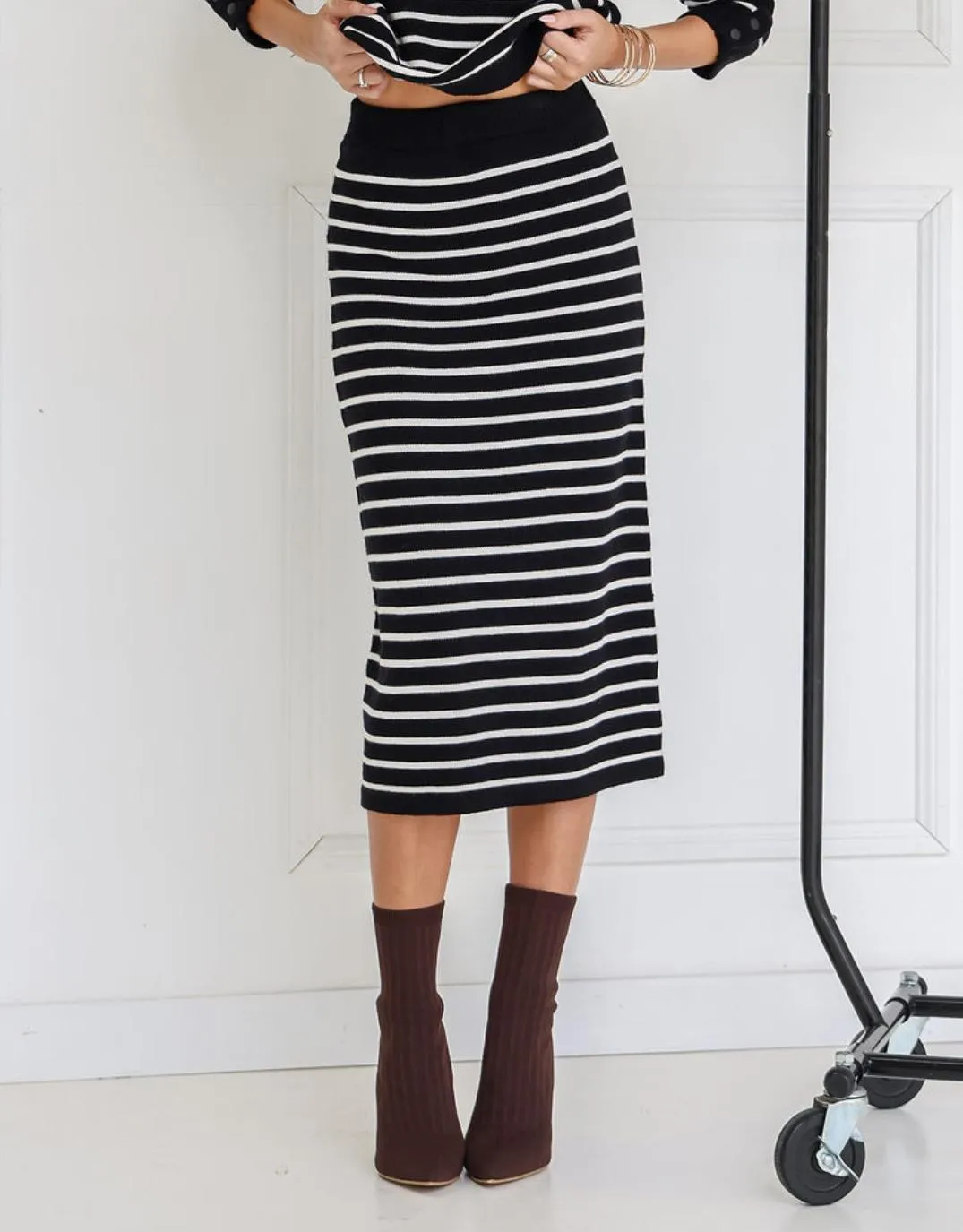 Mari Knit Midi Skirt - Black/White Stripe