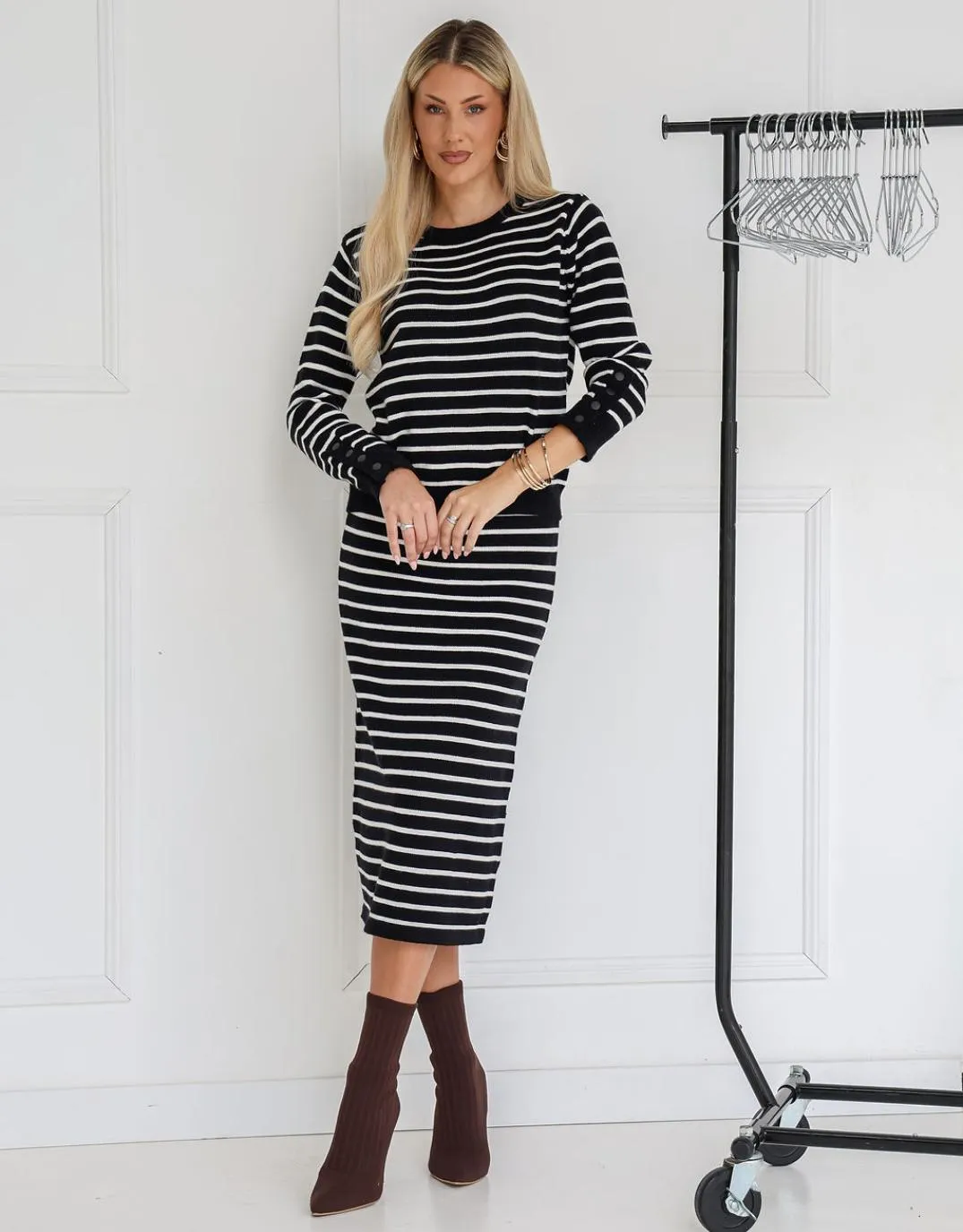 Mari Knit Midi Skirt - Black/White Stripe