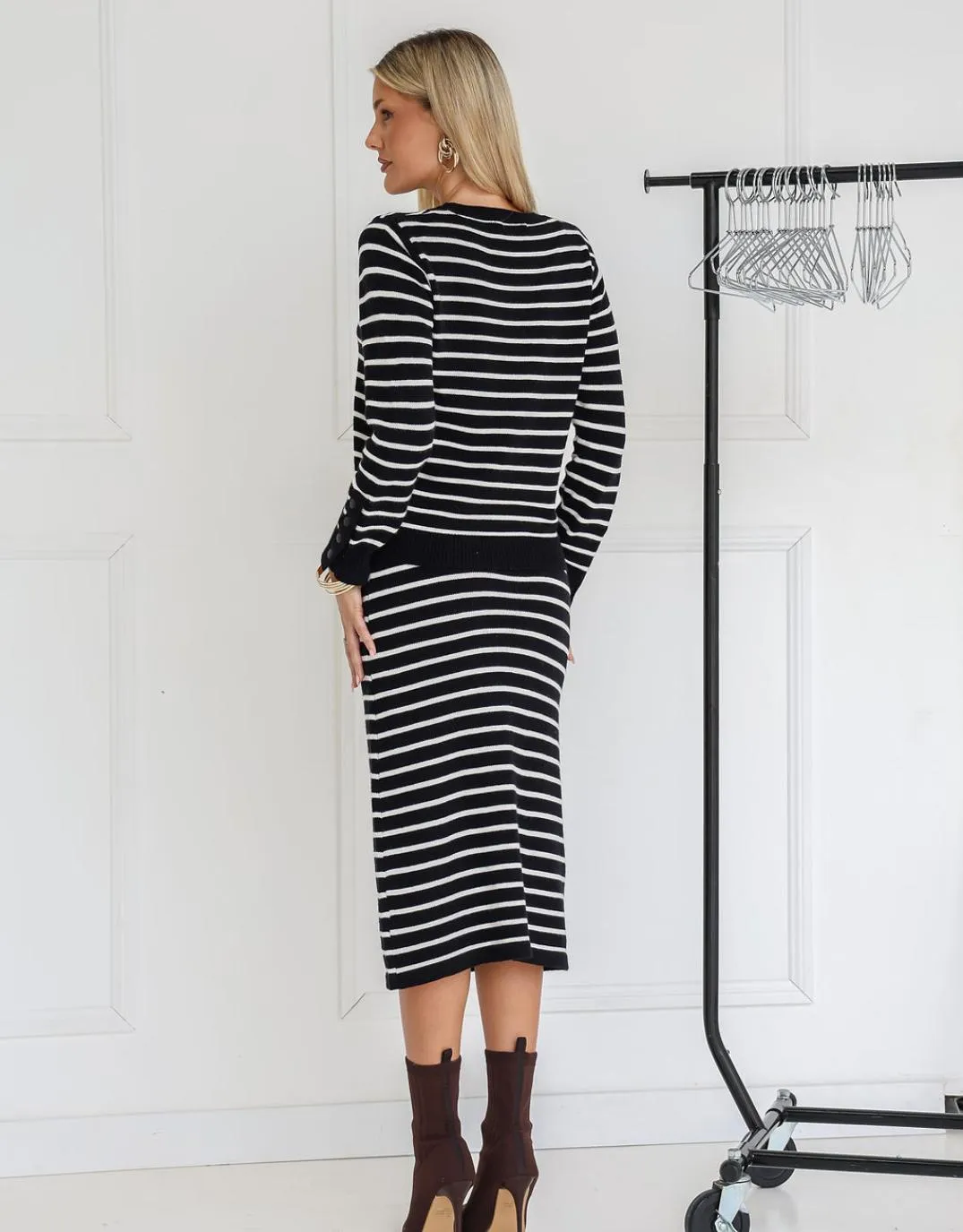 Mari Knit Midi Skirt - Black/White Stripe
