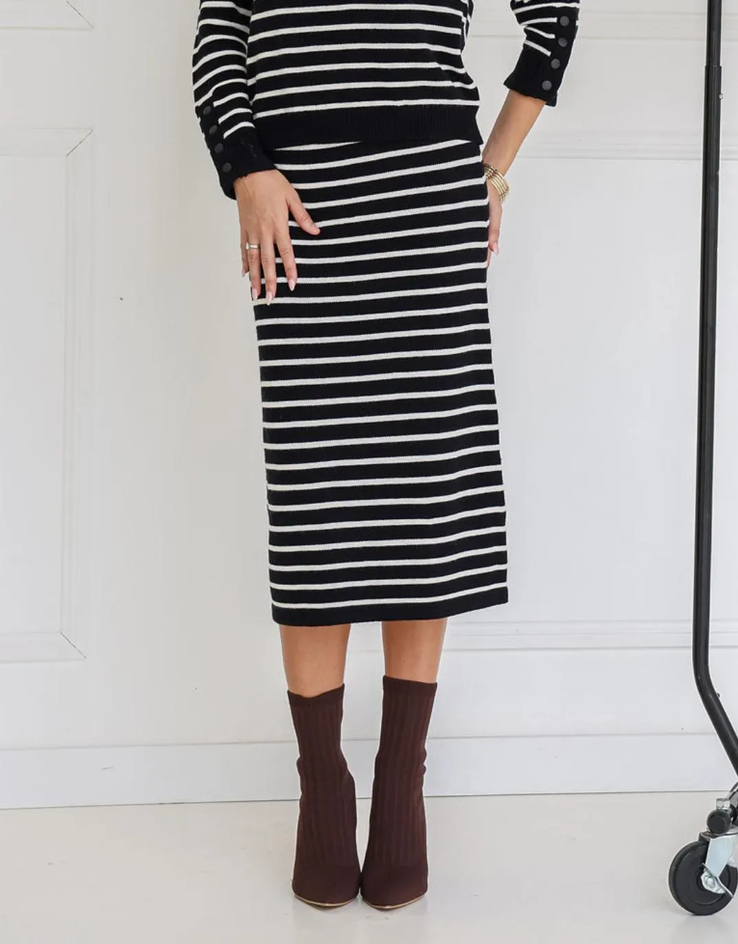 Mari Knit Midi Skirt - Black/White Stripe