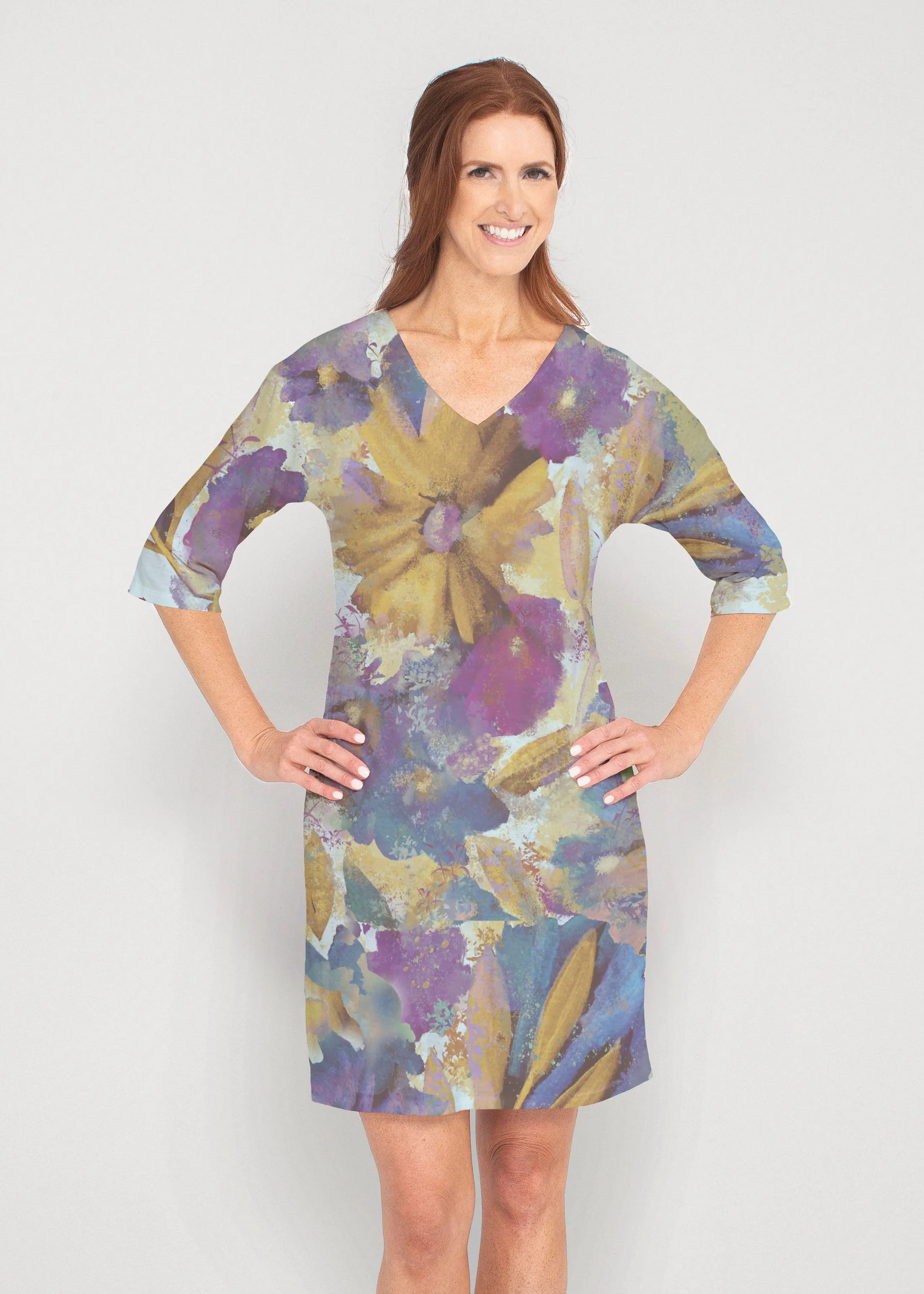 Maya (17266) ~ Drop Shoulder 3/4 Sleeve V-Neck Dress