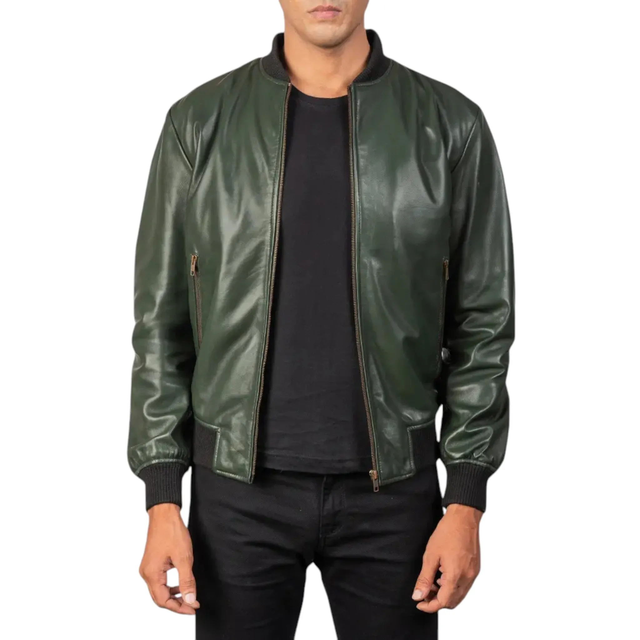 Men's Shane Green Leather Bomber Jacket – Stylish and Durable Outerwear