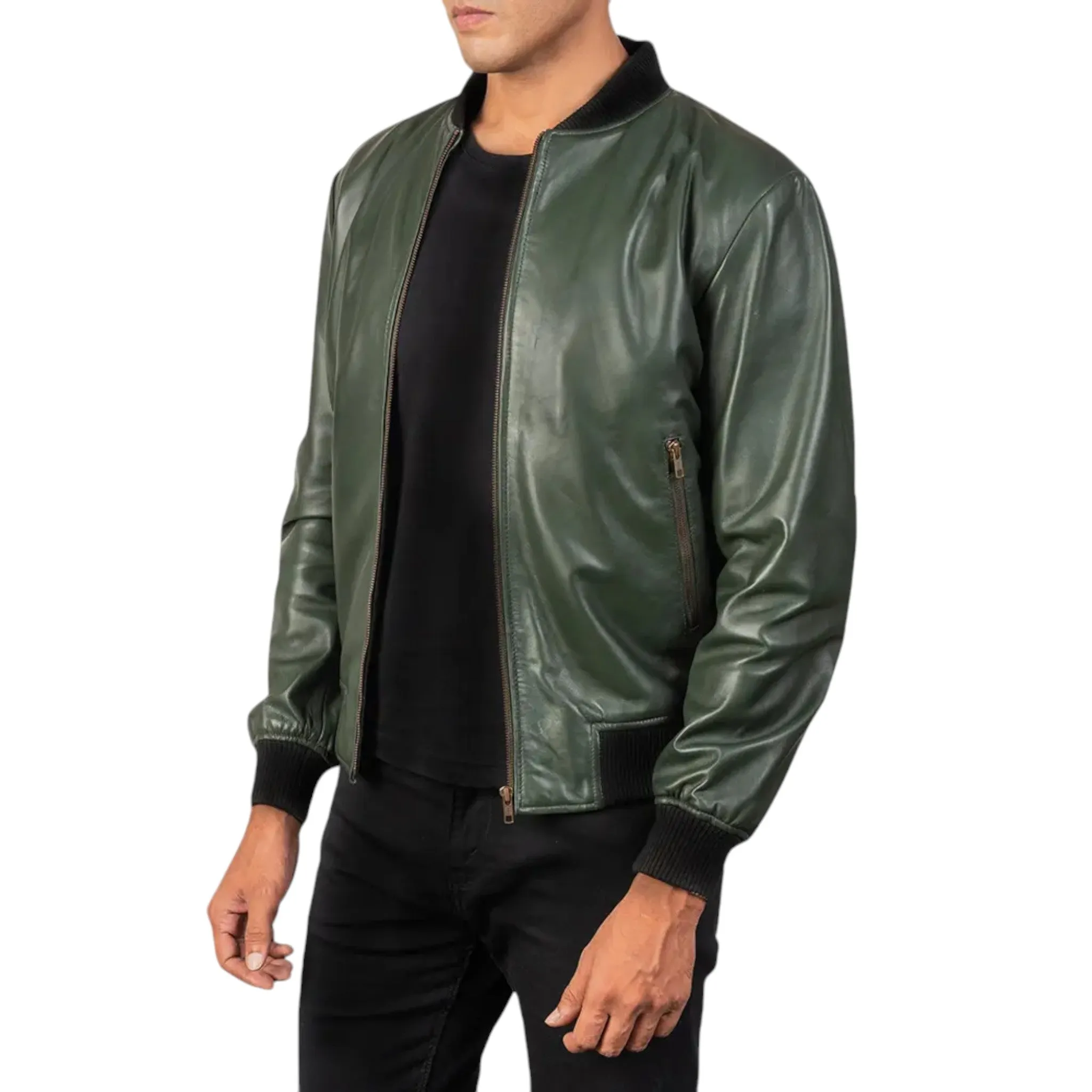 Men's Shane Green Leather Bomber Jacket – Stylish and Durable Outerwear