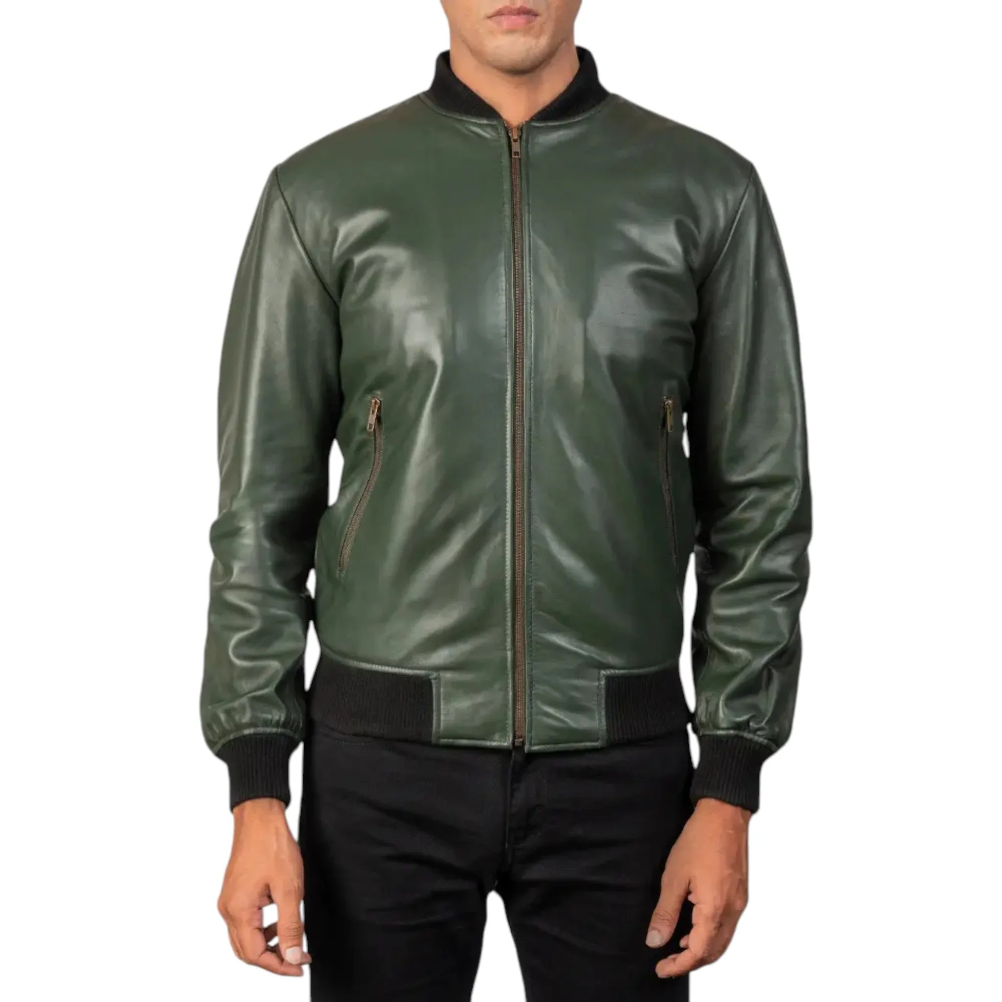 Men's Shane Green Leather Bomber Jacket – Stylish and Durable Outerwear