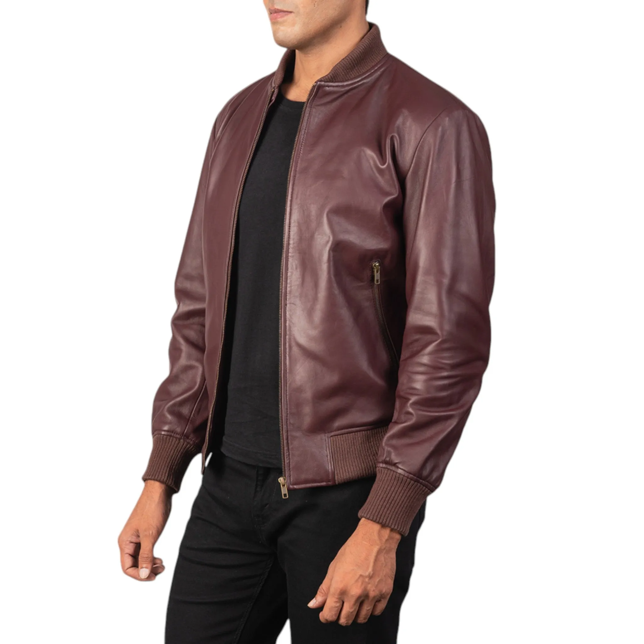 Men's Shane Maroon Leather Bomber Jacket – Stylish and Durable Outerwear