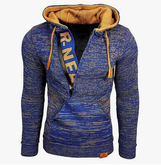 Men's vintage knit pullover - cozy casual hoodie with kangaroo pocket for autumn wear