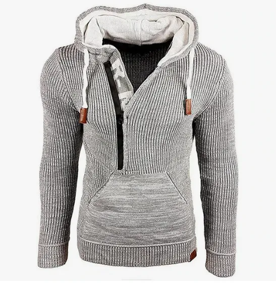 Men's vintage knit pullover - cozy casual hoodie with kangaroo pocket for autumn wear