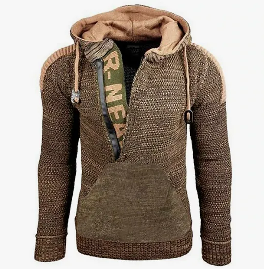 Men's vintage knit pullover - cozy casual hoodie with kangaroo pocket for autumn wear