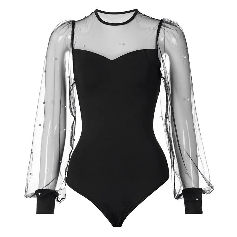 Mesh Long Sleeve Bodysuit with Pearl Accents