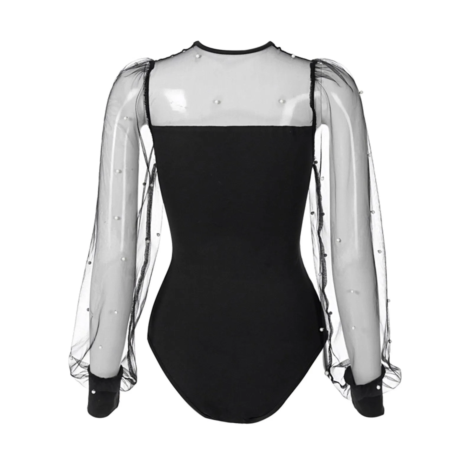 Mesh Long Sleeve Bodysuit with Pearl Accents