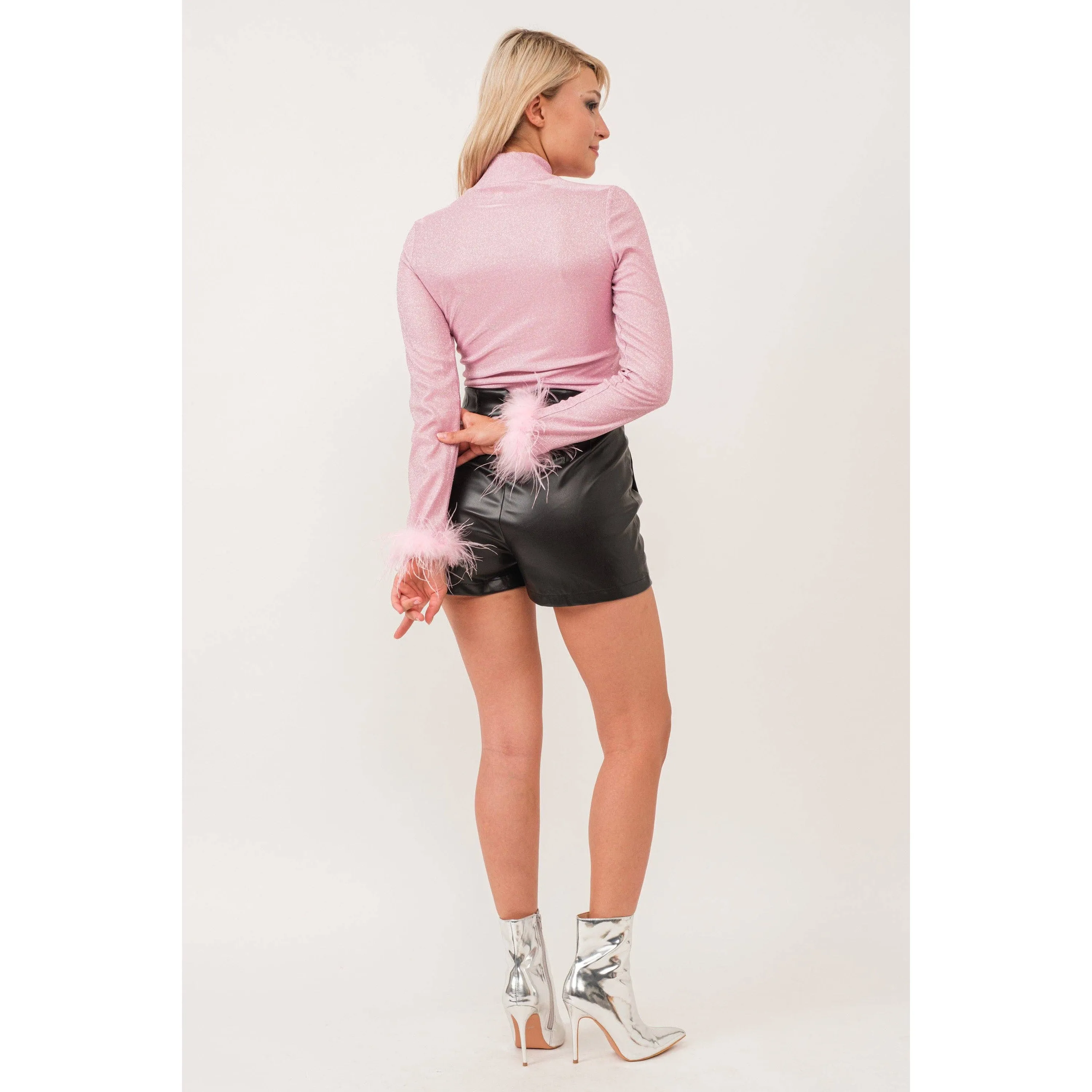 Metallic Turtle Neck Top with Feather Cuffs in Pink | Fall or Winter Long Sleeves Apparel