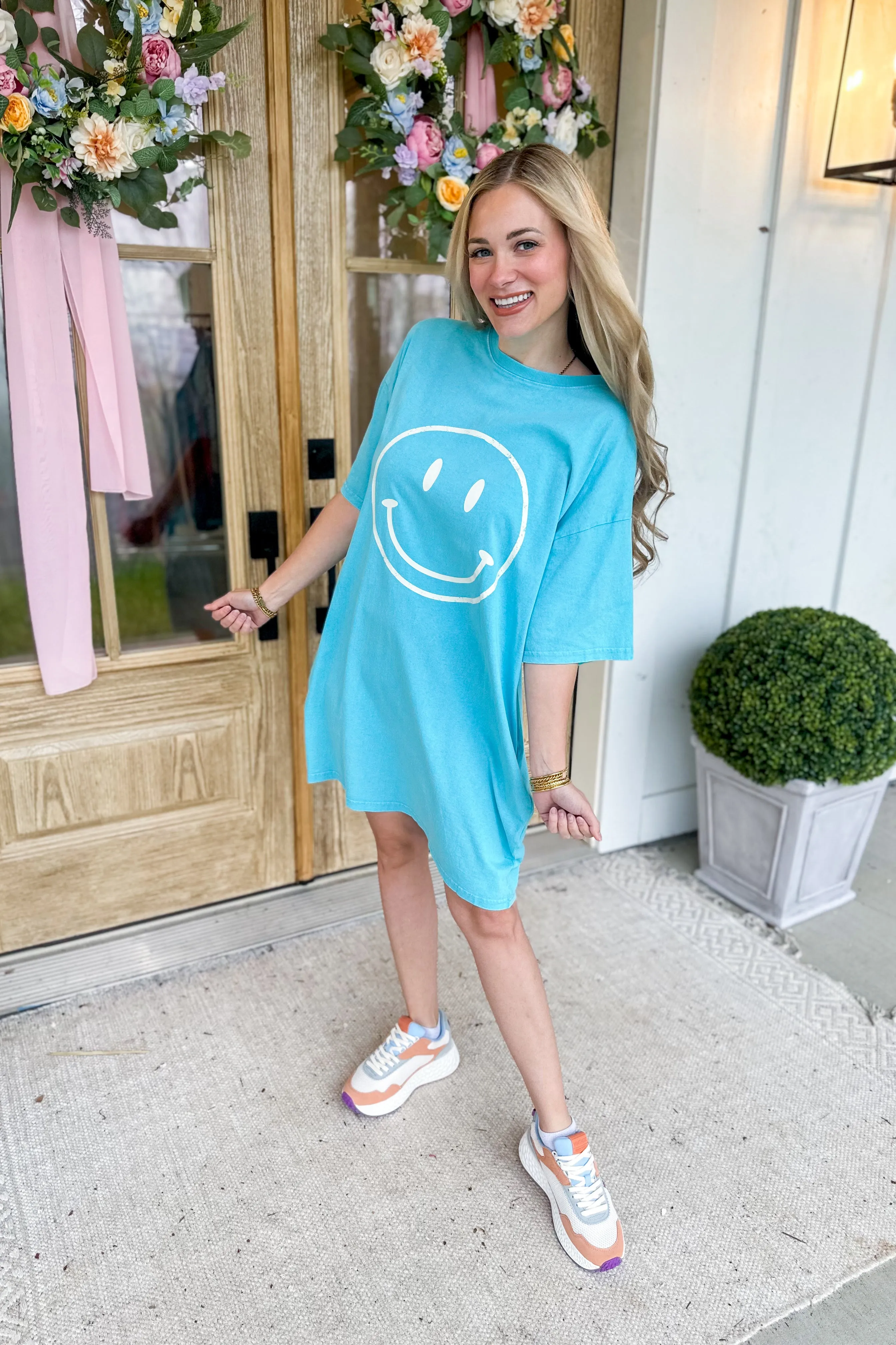 Mia Short Sleeve Happy Face Mineral Washed Cotton Dress *FINAL SALE