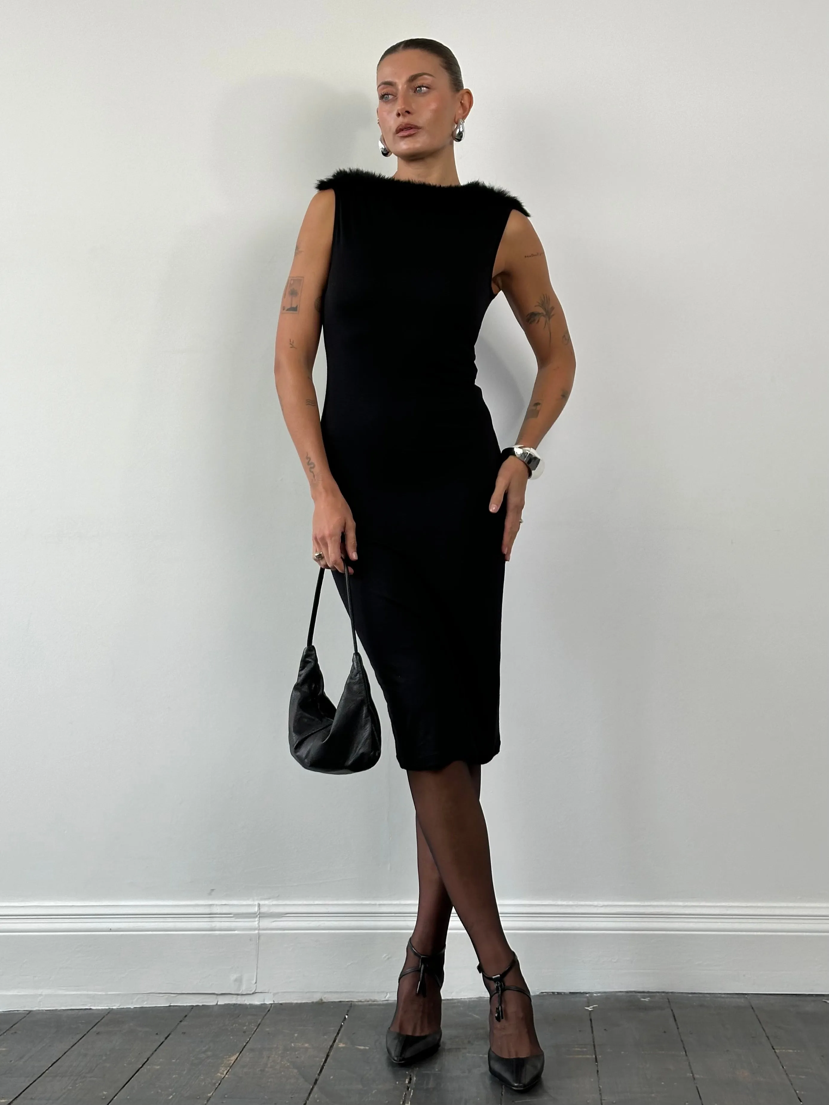 Moschino Feather Trim Boat Neck Midi Dress - S/M