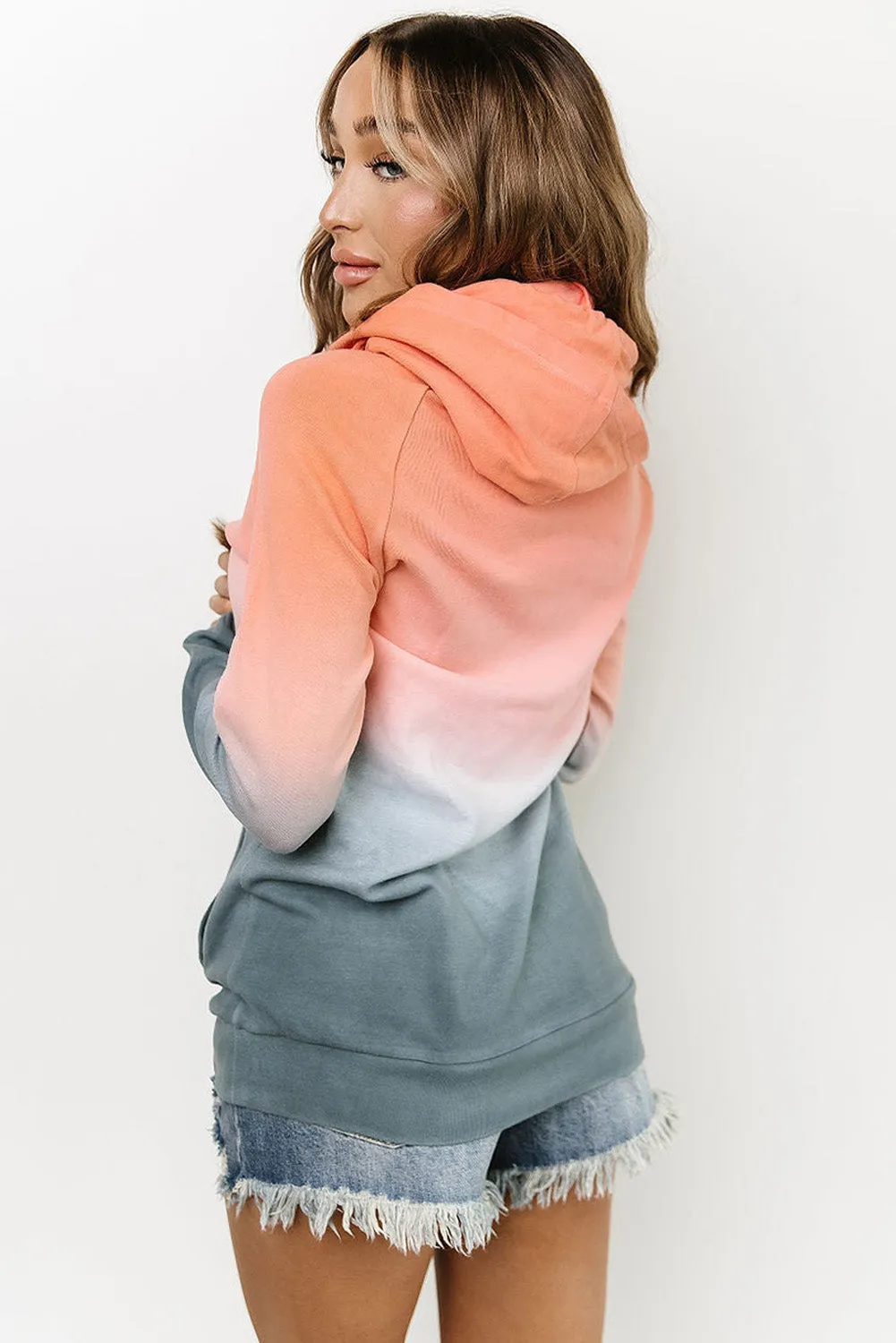Multicolor Gradient Thumbhole Sleeve Pocketed Zipper Hoodie