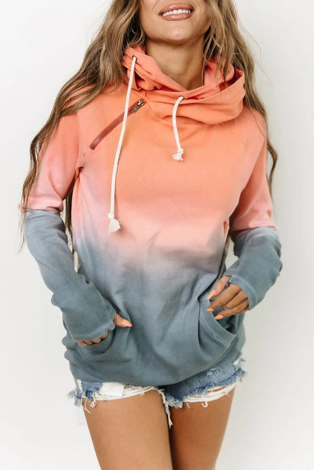 Multicolor Gradient Thumbhole Sleeve Pocketed Zipper Hoodie