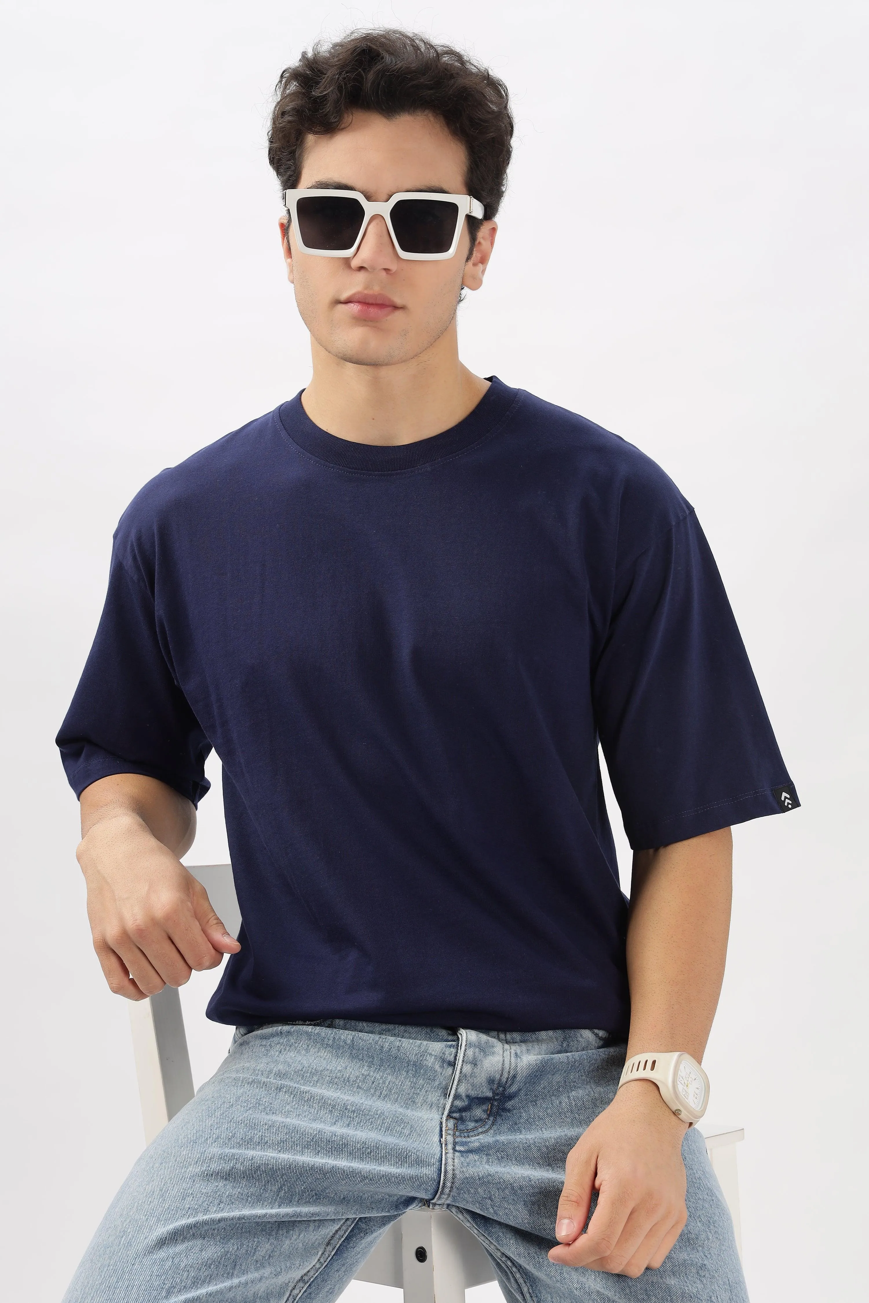 Navy Blue Oversized Solid T-shirt