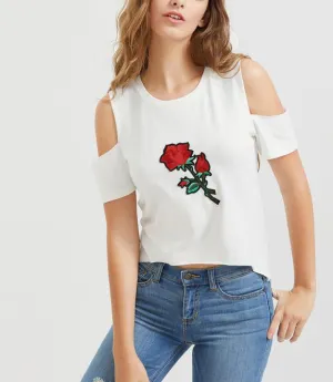 New Off-the-shoulder Applique White T-shirt