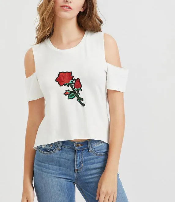 New Off-the-shoulder Applique White T-shirt