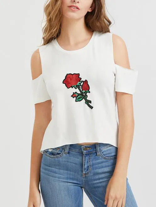 New Off-the-shoulder Applique White T-shirt