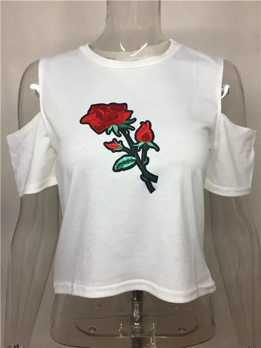 New Off-the-shoulder Applique White T-shirt