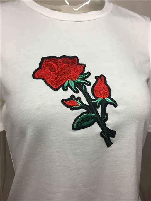 New Off-the-shoulder Applique White T-shirt