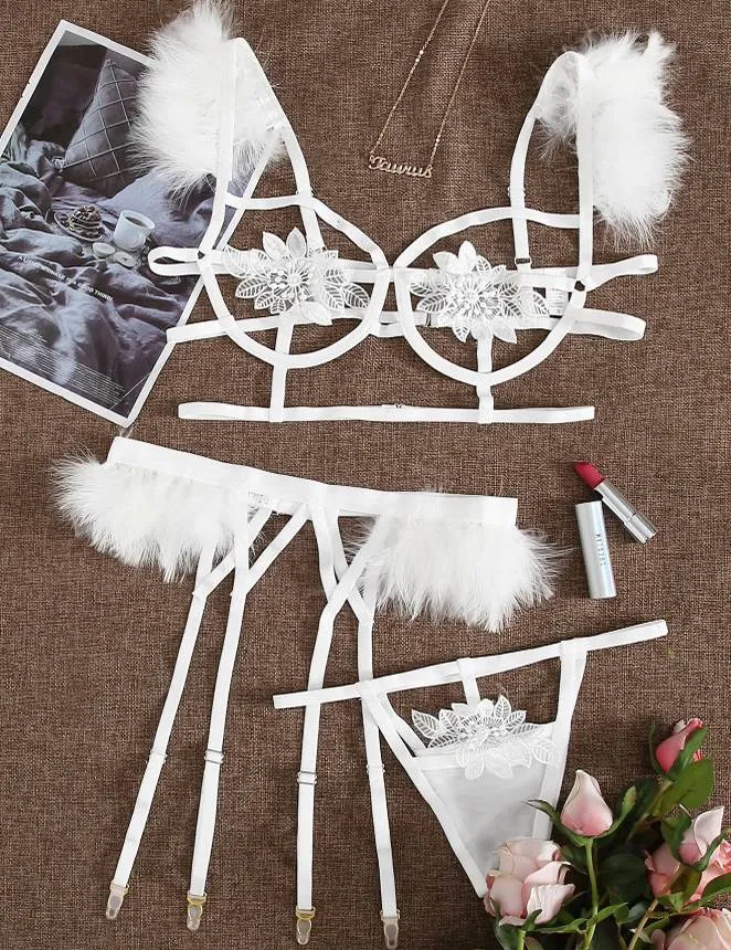 New Sexy 3pcs Embroidery Applique Feather Bra Panty Set With Underwire