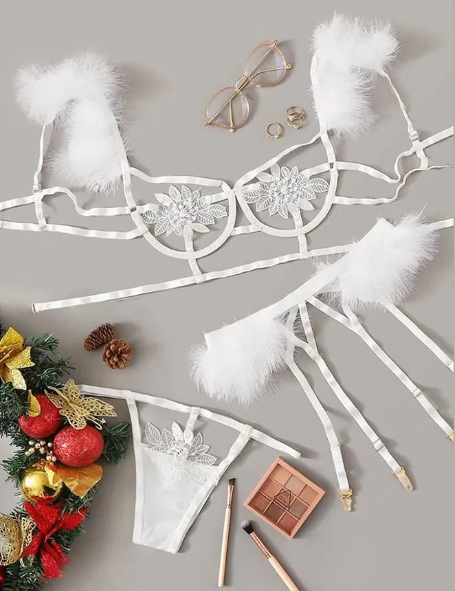 New Sexy 3pcs Embroidery Applique Feather Bra Panty Set With Underwire