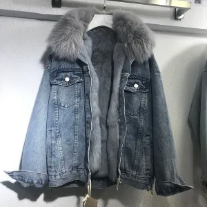 New Winter Luxury Real Faux Fur Collar Denim Jacket Parker For Women Thick Warm Detachable Rabbit Fur Liner Jeans Parka Coat