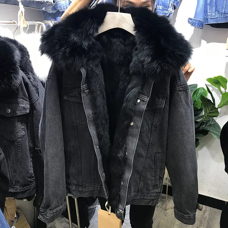 New Winter Luxury Real Faux Fur Collar Denim Jacket Parker For Women Thick Warm Detachable Rabbit Fur Liner Jeans Parka Coat