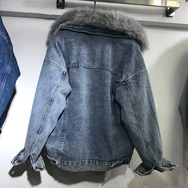 New Winter Luxury Real Faux Fur Collar Denim Jacket Parker For Women Thick Warm Detachable Rabbit Fur Liner Jeans Parka Coat