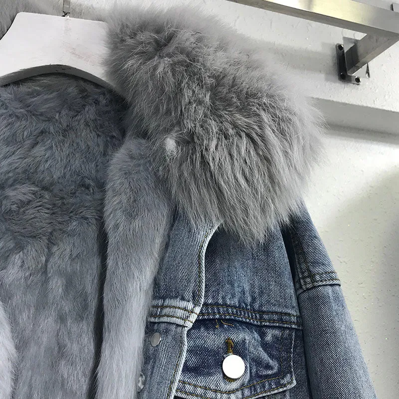 New Winter Luxury Real Faux Fur Collar Denim Jacket Parker For Women Thick Warm Detachable Rabbit Fur Liner Jeans Parka Coat