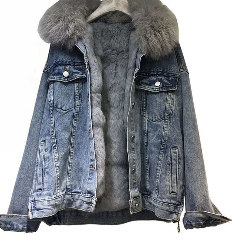 New Winter Luxury Real Faux Fur Collar Denim Jacket Parker For Women Thick Warm Detachable Rabbit Fur Liner Jeans Parka Coat