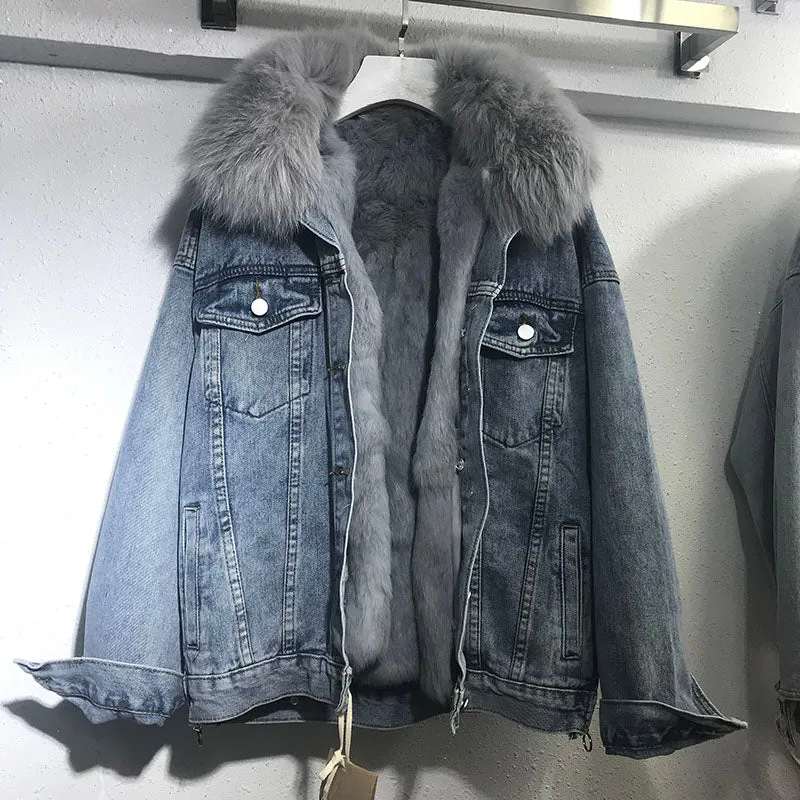 New Winter Luxury Real Faux Fur Collar Denim Jacket Parker For Women Thick Warm Detachable Rabbit Fur Liner Jeans Parka Coat