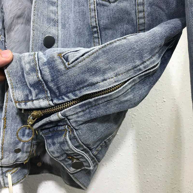 New Winter Luxury Real Faux Fur Collar Denim Jacket Parker For Women Thick Warm Detachable Rabbit Fur Liner Jeans Parka Coat