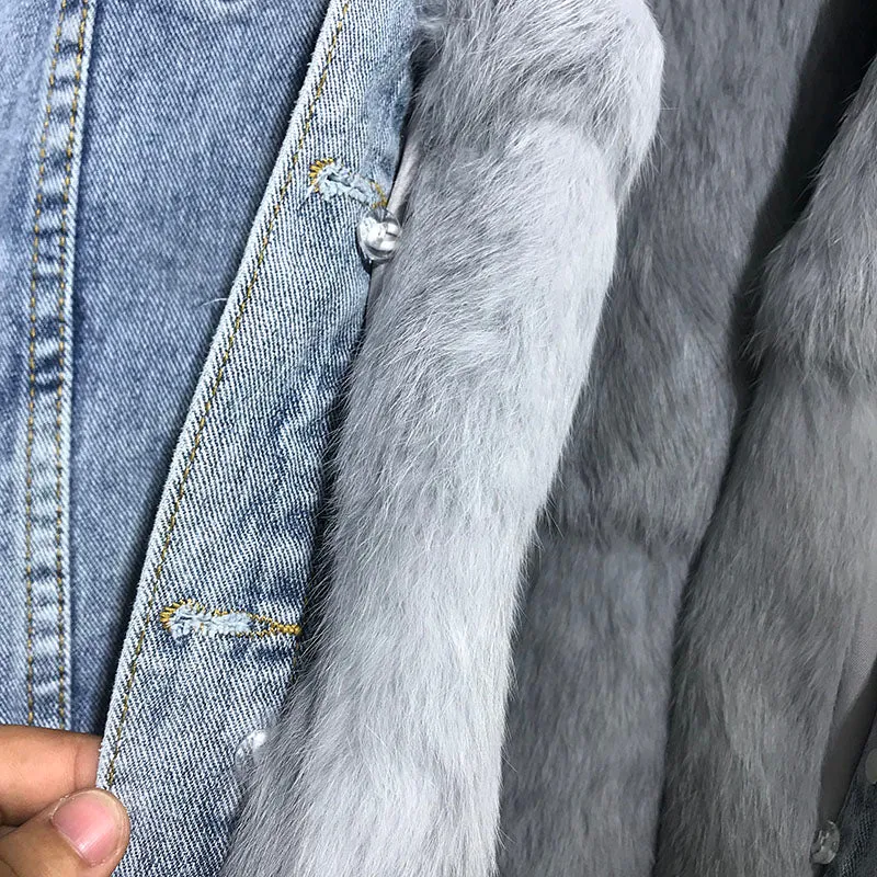 New Winter Luxury Real Faux Fur Collar Denim Jacket Parker For Women Thick Warm Detachable Rabbit Fur Liner Jeans Parka Coat