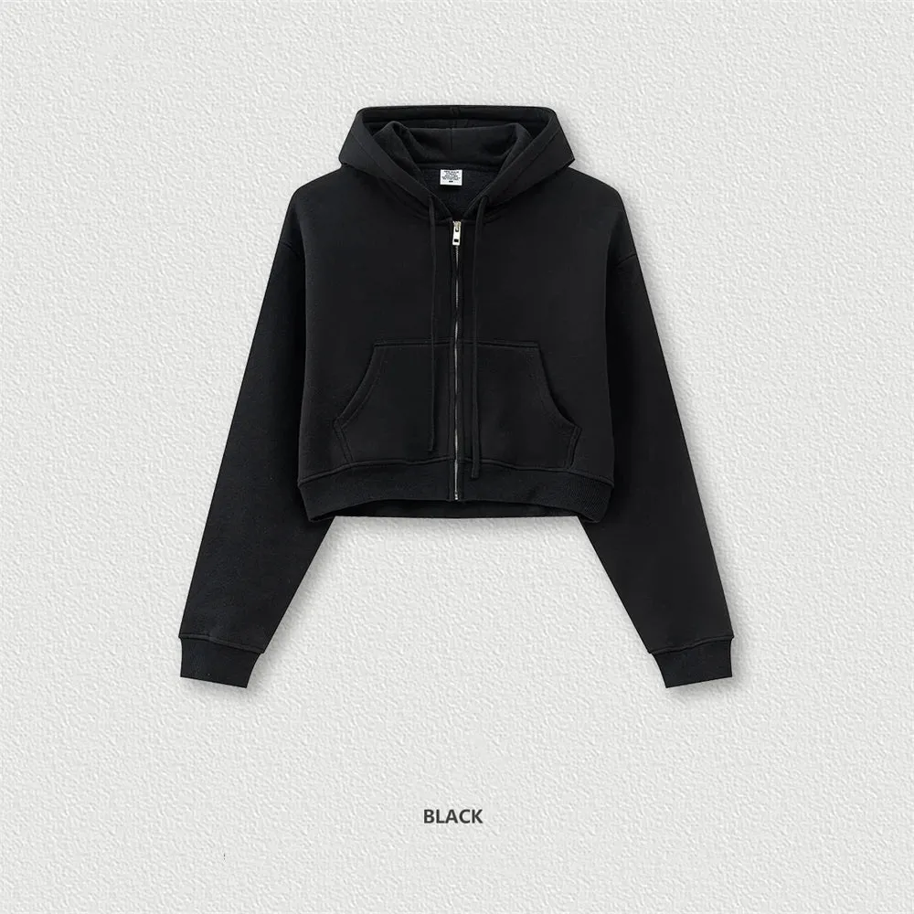 Obsidian Phoenix Luxury Women's 345gsm Fleece Zipper Crop Hoodie - Warm Solid Short Hooded Zip-Up Coat