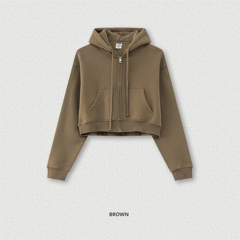Obsidian Phoenix Luxury Women's 345gsm Fleece Zipper Crop Hoodie - Warm Solid Short Hooded Zip-Up Coat