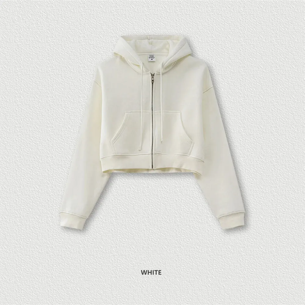 Obsidian Phoenix Luxury Women's 345gsm Fleece Zipper Crop Hoodie - Warm Solid Short Hooded Zip-Up Coat