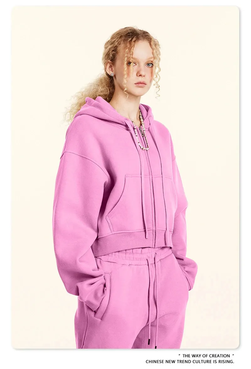 Obsidian Phoenix Luxury Women's 345gsm Fleece Zipper Crop Hoodie - Warm Solid Short Hooded Zip-Up Coat