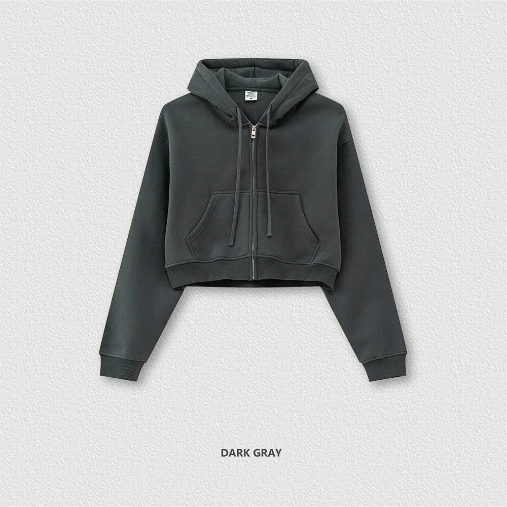Obsidian Phoenix Luxury Women's 345gsm Fleece Zipper Crop Hoodie - Warm Solid Short Hooded Zip-Up Coat